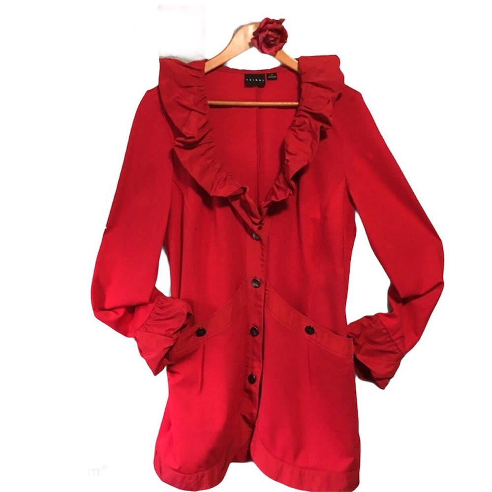 JACKET TRIBAL RED SZ 10 LONG RUCHED RUFFLE V NECK